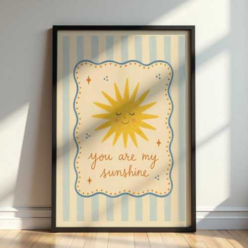 You Are My Sunshine Nursery Wall Art Print, Smiling Sun Poster, Blue Stripe Kids Room Decor, Cute Retro Baby Room Illustration Artwork