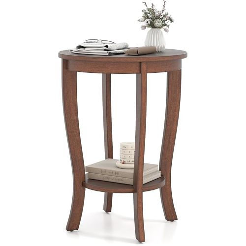 Giantex Round End Table, Retro Nightstand with Storage Shelf & Solid Wood Legs, 24.5" Accent Side Table for Small Spaces, Wood Bedside Night Stand for Bedroom Living Room, Walnut