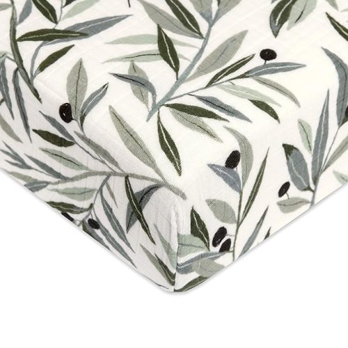 Babyletto 100% Organic Cotton Crib Sheet, GOTS-Certified, Fitted 360°, Ultra-Soft and Breathable Muslin - Olive Branches