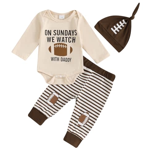 BemeyourBBs Newborn Baby Boy Football Outfit Romper Pants Set Beanie Hat | Newborn Baby Football Clothes for Fall Winter, Football Romper and Pants Set with Beanie Hat, 3 Piece Outfits, 0-18 Months