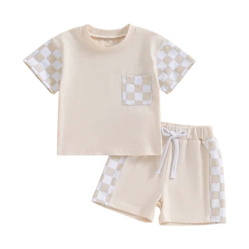 Xudanell Toddler Boy Summer Clothes Color Blocking Plaid Set Stretch Shorts Boy Summer Set Baby Boy Outfits Beige 0-6 Months