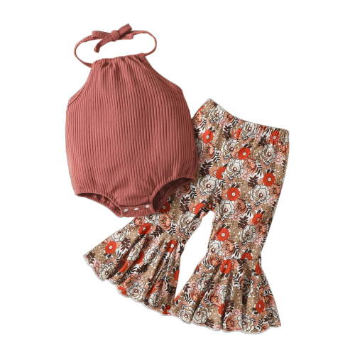Bagilaanoe 0-24 Months Newborn Baby Girl Summer Clothes Set Ribbed Sleeveless Halter Neck Romper Tops+ Floral Print Flare Pants