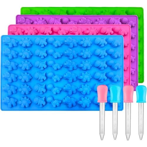 Palksky Mini Dinosaur Silicone Candy molds/Dragon Gummy Bear Mold, Non-Stick Gummie Chocolate Gelatin Tray (4-Pack+4 Droppers) Creates 192 Sweet Snacks Triceratops T-Rex Stegosaurus Brontosaurus