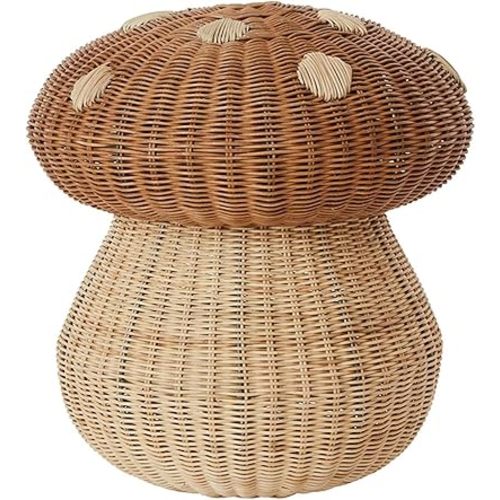Mushroom Rattan Storage Basket with Lid, Decorative Handmade Woven Basket,Bathroom Laundry Dirty Clothes Basket for Living Room Bathroom Decoration