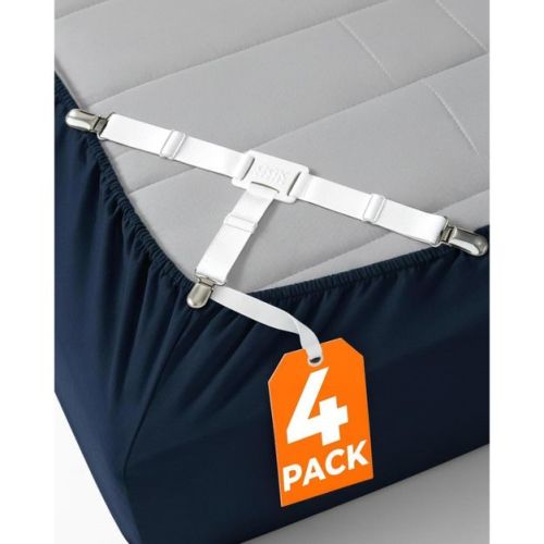 CGK Linens Adjustable Bed Sheet Holders with Metal Clips – Elastic Straps Keep Sheets Secure & in Place in White, Size Standard Crib/Toddler