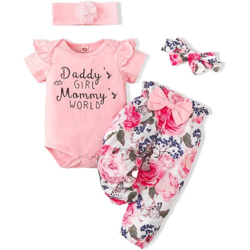 AMAWMW Newborn Baby Girl Clothes Infant Baby Ruffle Romper Pants Summer Outfits 4PCS Gifts Set Toddler Girls' Clothing