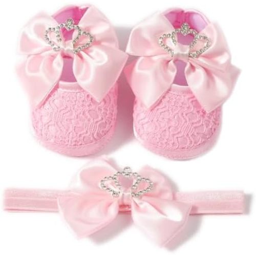 Newbron Baby Girls Mary Jane Shoes with Headband Soft Sole Anti-skidding Crown Bowknot Lace Princess Flats Infant Shower Wedding Dress Crib Shoes