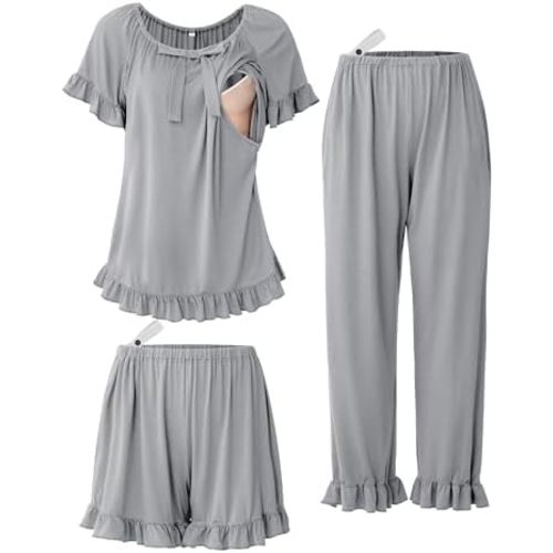 SUNNYBUY 3Pcs Ruffle Trim Postpartum Nursing Pajamas Set with Bowknot, Maternity Breastfeeding PJS Pregnancy Sleepwear