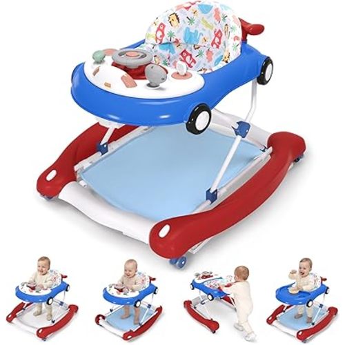 5-in-1 Convertible Baby Walker with Steering Wheel Music Activity Center – Infant Rocker, Jumper, Push Walker, Bouncer & Feeding Foldable Walker for Ages 6-18 Months Boys Girls (Red Blue)