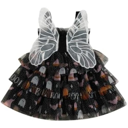 Toddler Baby Girl Halloween Outfit Bat Ghost Smocked Sleeveless A-line Layered Tulle Tutu Dress with Butterfly Wing