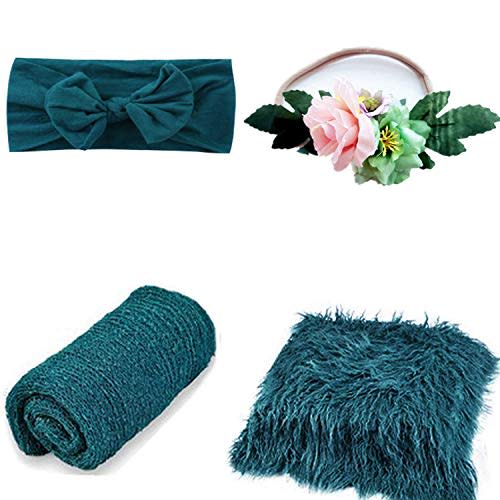 SPOKKI 4 Pcs Newborn Photography Props Outfits- Baby Dark Green Long Ripple Wrap and Toddler Swaddle Blankets Photography Mat with Cute Headbands for Infant Boys Girls(0-12 Months)