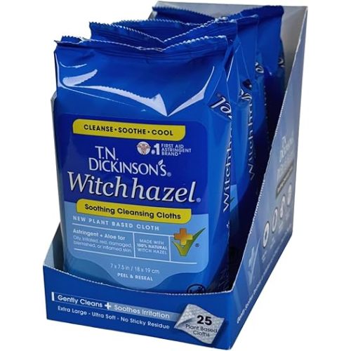 T.N. Dickinson's Witch Hazel Soothing MultiUse Cleansing Cloth, 4 Pack, 25 Cloths Per Pack,white