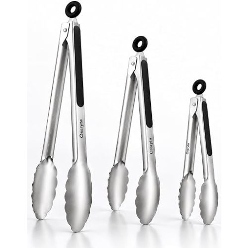 Stainless Steel Cooking Tongs Set of 3 - Heavy Duty 12/9/7 Inch Locking Tongs, Heat Resistant to 600 Degrees, Food Grade Kitchen Metal Tong for Food, Salad, & BBQ - Dishwasher Safe