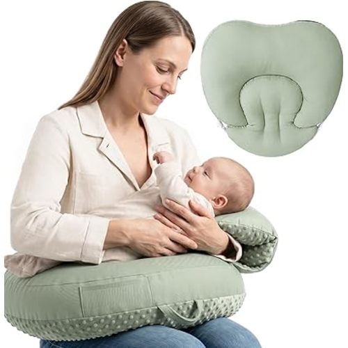 Konssy Nursing Pillow for Breastfeeding and Bottle Feeding, Safety Guard Baby Feeding Pillow, Gentle Incline, Waist Strap, Side Pocket for New Moms Home and Travel