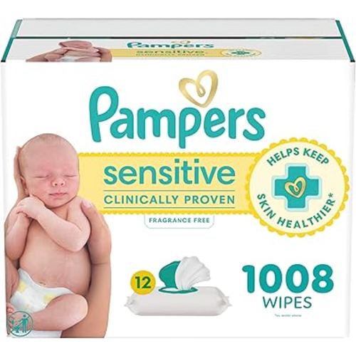 Pampers Baby Wipes, Sensitive, Water Based Wipe, Clinically Proven, Hypoallergenic, and Unscented for Babies, 1008 Wipes Total (12 Flip-Top Packs) [Packaging May Vary]