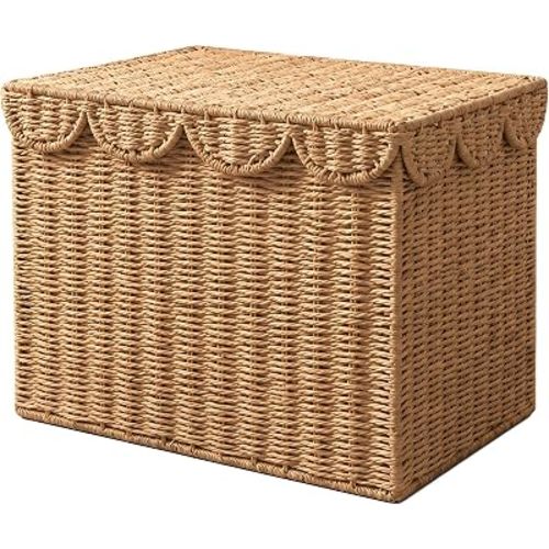 Scalloped Woven Storage Basket with Lid, Foldable, Large