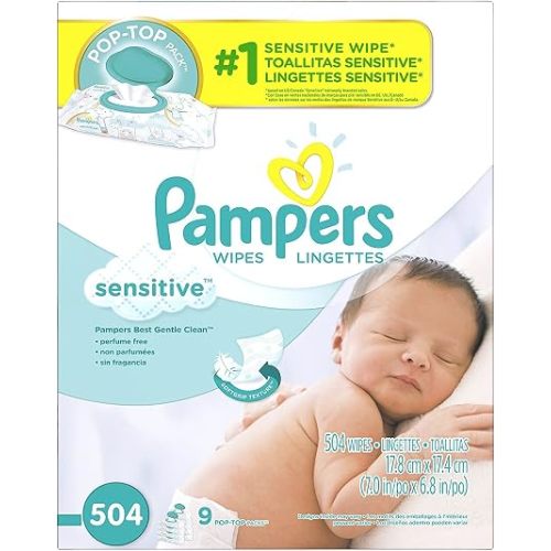 Pampers Sensitive Baby Wipes, Clinically Proven, Fragrance Free, Unscented, Water Based, Hypoallergenic, Multi-Use, Hand Wipes 504 Wipes Total (6X Flip-Top Packs) [Packaging May Vary]
