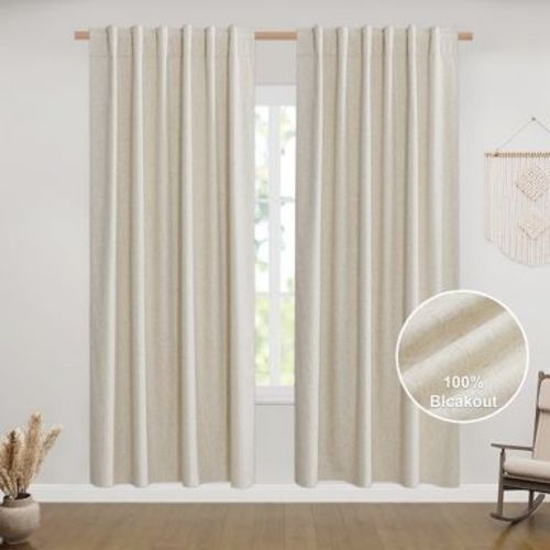 NICETOWN 100% Blackout Linen Curtains Thermal Insulated Burlap Window Drapes 2 Panels, 52W x 72L, Light Beige