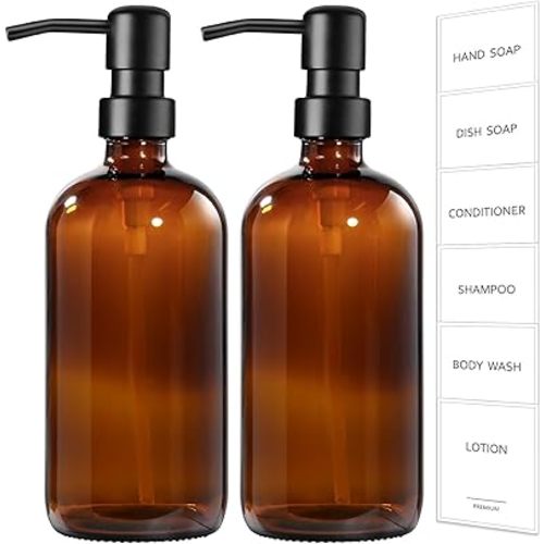 GMISUN Amber Glass Soap Dispenser, 2 Pack Bathroom Hand Soap Dispensers with Stainless Steel Pump, 17 Fl Oz Kitchen Hand and Dish Soap Dispenser Set, Modern Vintage Liquid Brown Soap Dispensers Bottle