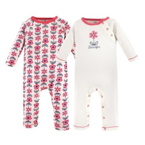 Touched by Nature Baby Girl Organic Cotton Coveralls 2pk, Flower, 0-3 Months