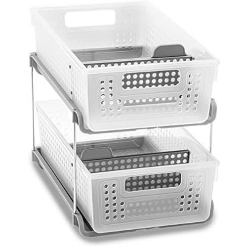 madesmart Premium Antimicrobial 2-Tier Organizer Multi-Purpose Slide-Out Storage with Handles and Dividers for Home and Bath, Pack of 1, Frost