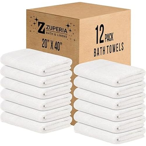 ZUPERIA White Bath Towels Bulk 12 Pack (20 x 40 Inches) - 100% Cotton Economy Light Weight Towels for Commercial Use - Quick Dry, Ultra-Soft, and Absorbent Bulk Towels