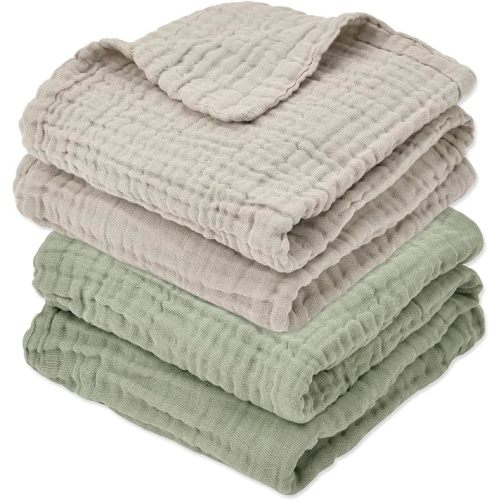 Muslin Baby Blanket 6-Layer 43"x43", 2-Pack, Grey & Green