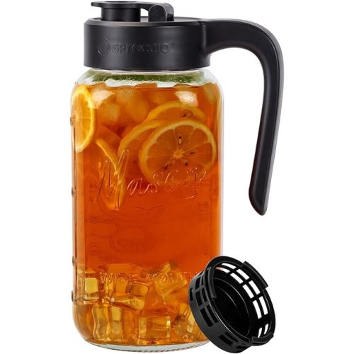 Mason Jar Pitcher with Tea Filter, Airtight & Leakproof Glass Pitcher with Lid, 64 oz Sun Tea Glass Jar for Outside, Perfect for Sun Tea, Lemonade, and iced Tea