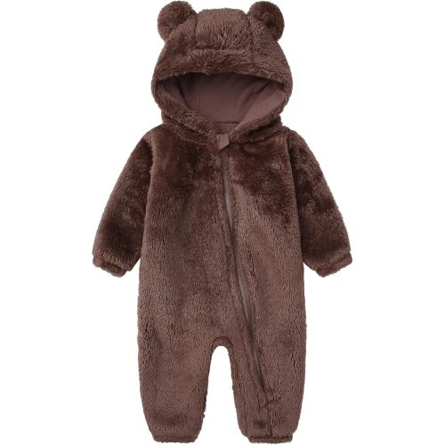 Baby Furry Jumpsuit Infant Bear Onesie Zipper Long Sleeve One-Piece Romper Hoodie Baby Outwear Snowsuit