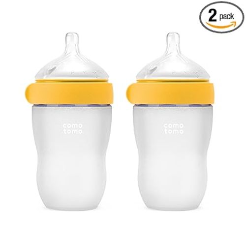 Comotomo Silicone Baby Bottle Gen 2 – 2026 Release (8oz) – Soft, Wide-Neck Bottle for Comfortable Feeding with Dual Anti Colic Vents (Includes Medium Flow Nipples), Yellow (Double Pack)