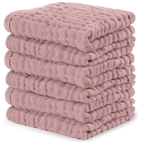 Comfy Cubs Muslin Baby Washcloths 6 Pack - Soft 6-Layer Cotton Wash Cloths for Sensitive Skin - 10"x10" Large, Gentle, Absorbent Infant Essentials for Newborn and Toddlers - Mauve