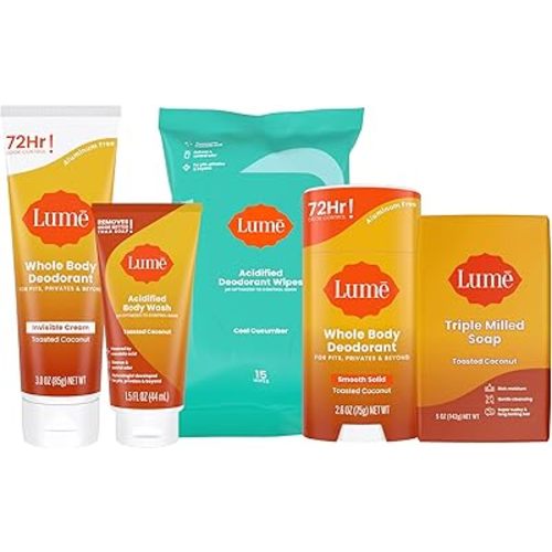 Lume Skin Care Gift Set for Women, Whole Body Deodorant Starter Pack -Smooth Solid Stick, Invisible Cream Tube, Acidified Body Wash Mini & Deodorant Wipes -Aluminum Free Odor Control (Toasted Coconut)