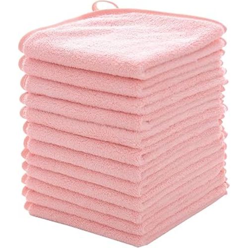 MUKIN Baby Washcloths Set - 12 Pack 12x12 Inches Microfiber Coral Fleece Face Towel for Newborns, Infant, Toddlers or Kids. Ultra Soft and Absorbent wash Cloth for Baby (Pink)
