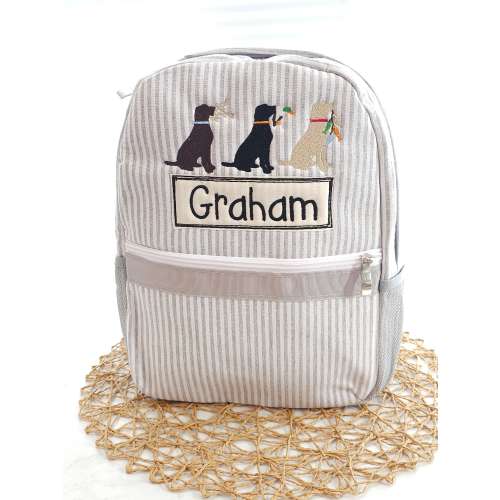 Personalized Seersucker Backpack: Applique Hunting Dogs, Boy Diaper Bag