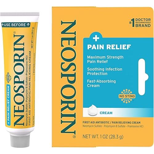 Neosporin + Maximum-Strength Pain Relief Dual Action Cream, First Aid Topical Antibiotic and Analgesic Cream for Soothing Infection Protection & Wound Care of Minor Cuts, Scrapes & Burns, 1 oz