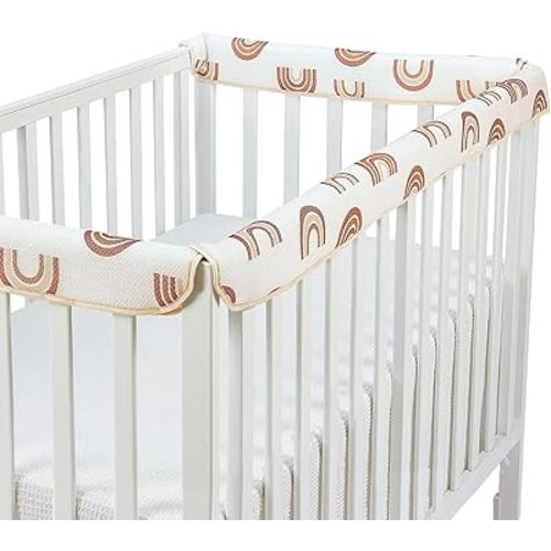 3 in 1 Crib Rail Covers for Teething,Soft Breathable Anti-Collision Crib Teething Rail Cover Edge Protector Strip（2025 New） (Kahki-Rainbow)