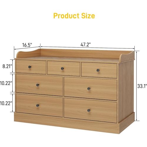 Vabches Kids Dresser Cabinet with 7 Drawers and Large Table Top, White Chest of Drawers, Baby Dresser, Kids Bedroom Furniture, Nightstand for Child’s Room,Oak
