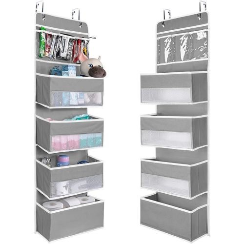 NesTidy Over The Door Organizer Storage, Wall Mount Hanging Organizer with 4 Large Capacity Pocket Organizers and 3 Small Pockets for Baby Essentials, Toys, Cosmetics, and Sundries (Grey, 1 Pack)