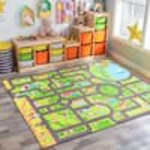 Sorbus City Streets Car Road Map Interactive Carpet Rug Floor Playmat, Washable (Extra Large), Green 6 ft. Indoor Area Rug MAT-CARLG