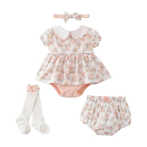 Baby Girl Bodysuit Dress Baby Girl Summer Outfits Dress Romper Floral Bloomer Shorts Socks and Headband