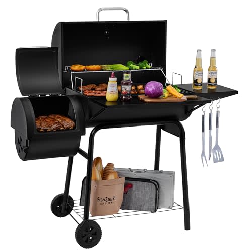 Royal Gourmet CC1830S BBQ Charcoal Grill and Offset Smoker, Outdoor Camping | 824 Square Inch Barrel Charcoal Grill, Front and Side Table, Adjustable Charcoal Pan, Side Door, Lid Thermometer | Black