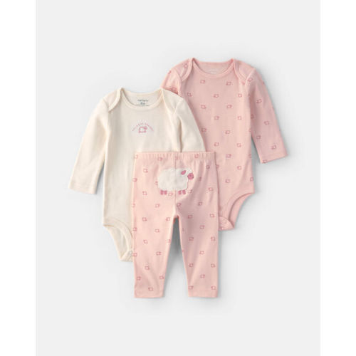 Baby Girl 3-Piece Sheep Long-Sleeve Bodysuit & Pant Set - Pink/Cream | Carter's