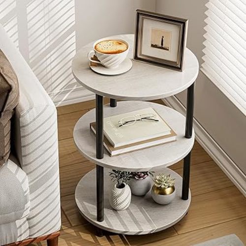 XBurmo Round Coffee Table for Living Room - Narrow Side or Bedside Stand, Industrial Vintage Nightstand for Bedroom, or Small Spaces, Greige