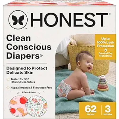 The Honest Company Comfort Dry Disposable Daytime Diapers for Sensitive Skin, Hypoallergenic, Fragrance-Free, Just Peachy + Flower Power, Club Box, Size 3 (16-28 lbs), 62 Count