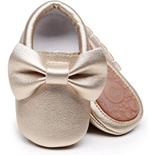 Baby Moccasins with Rubber Sole&Soft Sole - Flower Print PU Leather Tassel Bow Girls Ballet Dress Shoes for Toddler