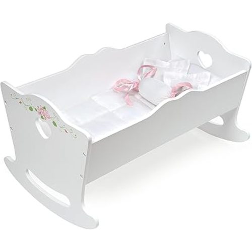 Badger Basket Doll Cradle with Deluxe Bedding – Charming White and Rose Design for 18 to 20-Inch Dolls, Complete with Personalization Kit and Pillows