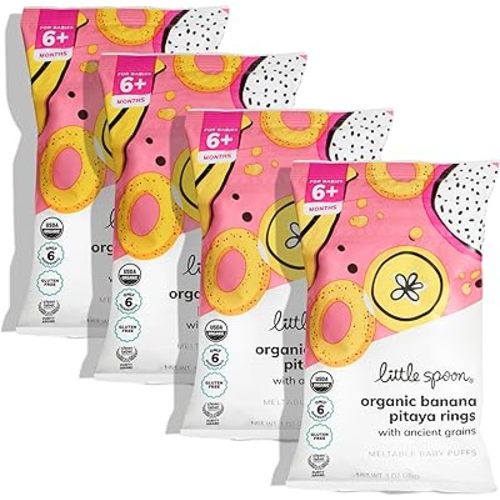 Little Spoon Banana Pitaya Meltable Baby Puffs, Organic Corn Quinoa Sorghum, No Rice, No Added Sugar Snacks, Encourages Self-Feeding, 1 Oz Bag, 4 Pack
