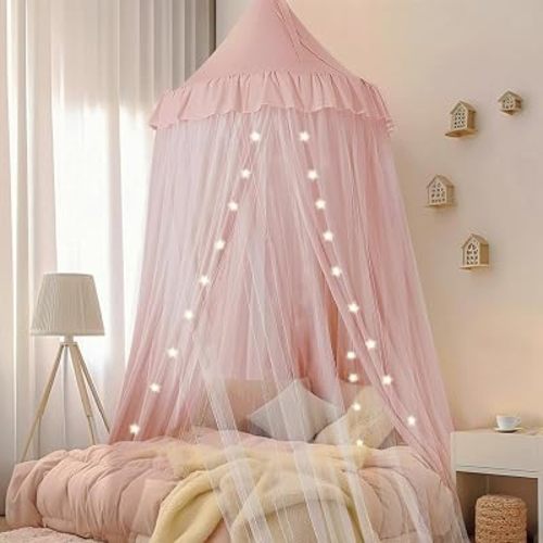 Pink Girls Bed Canopy,Star‑Light Double‑Layer Mosquito Net,Reading Nook