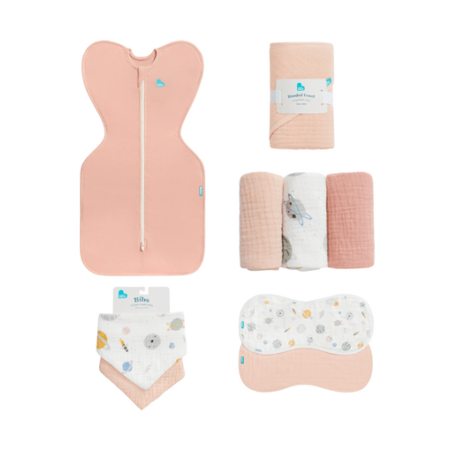 Newborn Essentials Bundle | Swaddle Up 1.0 TOG | Bib | Wash Cloth | Burp Cloth | Hooded Towel | Rose