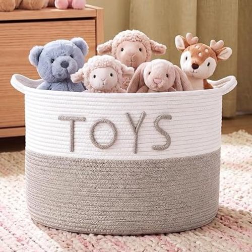 Novabright Oatmeal Color 82L Toy Basket Large Woven Cotton Rope Box, Round